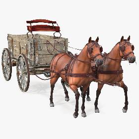 Pair Of Horses Pulling Wagon Fur model